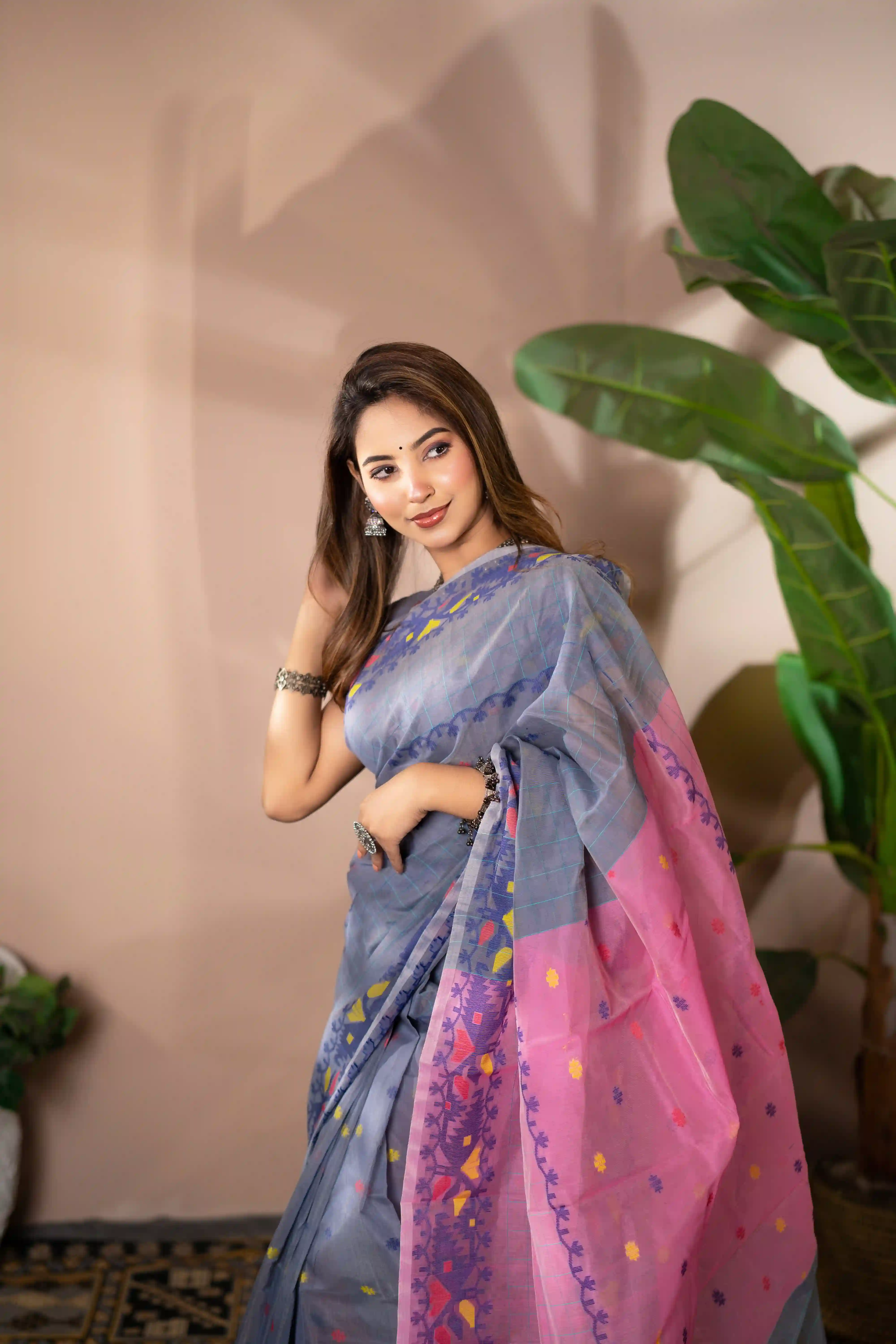 Indrani-Mercerized Cotton-Steel Blue Saree (With Blouse Piece)